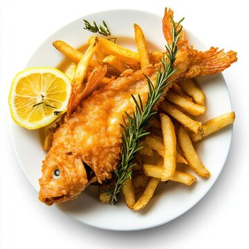 a plate of food featuring a whole fried fish served on top of a bed of French fries. The fish is golden brown and crispy, with its head and tail intact. A sprig of rosemary is placed on top of the fis