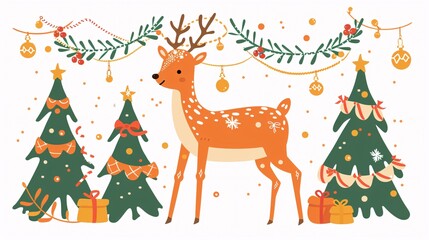 Festive deer character standing in a whimsical winter wonderland scene with decorated Christmas trees hanging ornaments gifts and holiday Cozy and magical in vintage style