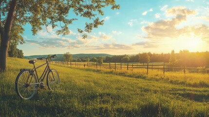 Naklejka premium Sunset Landscape with a Bicycle Resting Under a Tree