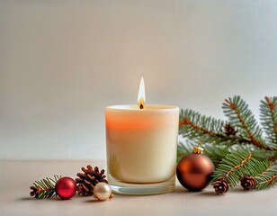 A candle is lit in a glass jar on a table with pine needles and red