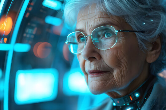 A woman in glasses is looking at a computer screen