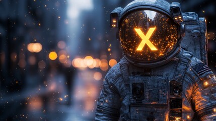 Dark astronaut with two yellow X's over his eyes, accented by orange lighting.

