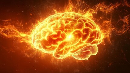 A fiery, glowing human brain ablaze with energy