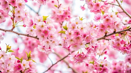 Fototapeta premium Stunning Pink Cherry Blossom Sakura Branches on White Background, Perfect for Urban Exploration Photography and Nature Themes, Capturing the Beauty of Springtime Blooms