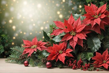 Christmas banner, greeting card with snowy soft light background. Christmas theme. Horizontal composition