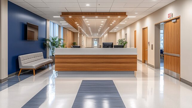 A hospital nurse station with a front desk, conveying a sense of calm order.

