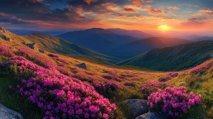 Sunrise Over a Mountain Meadow of Blooming Rhododendrons