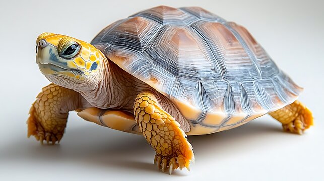 A close up image of a graceful turtle slowly crawling across a clean white background, showcasing intricate patterns and textures on its shell.