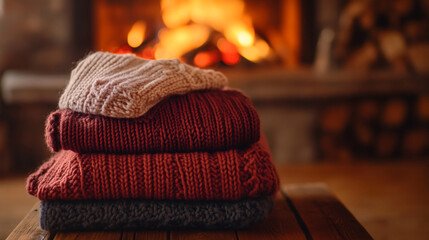 Knitted clothes on table on fireplace background. Warm knitted sweaters stacked neatly, creating a perfect cozy atmosphere by the flickering fireplace.