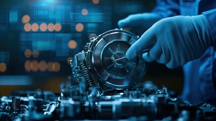 A technician in gloves inspects a metallic component, surrounded by digital displays showcasing technical data and engineering details.