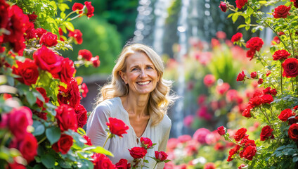 Naklejka premium Woman enjoying blooming red roses outdoors