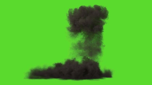 green screen explosion Big war  black smoke. Bomb exploding and smoke rising into the sky. Special effect on green screen. Chroma key background for war and action cinematic and space VFX projects.