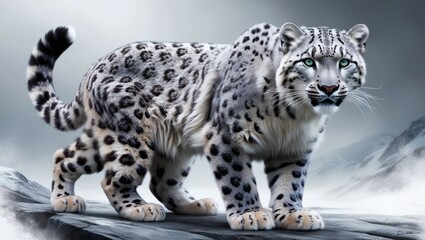 Fototapeta premium Digital rendering image of a snow leopard in a mountain environment with realistic fur texture. Ai image generated. 