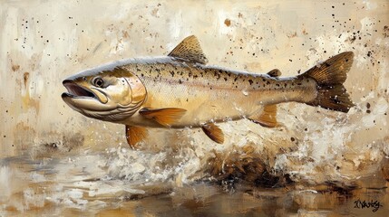 Obraz premium Leaping trout in splashing water.