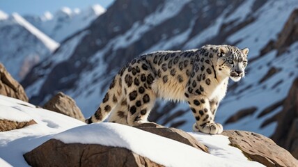 Fototapeta premium Digital rendering image of a snow leopard in a mountain environment with realistic fur texture. Ai image generated. 