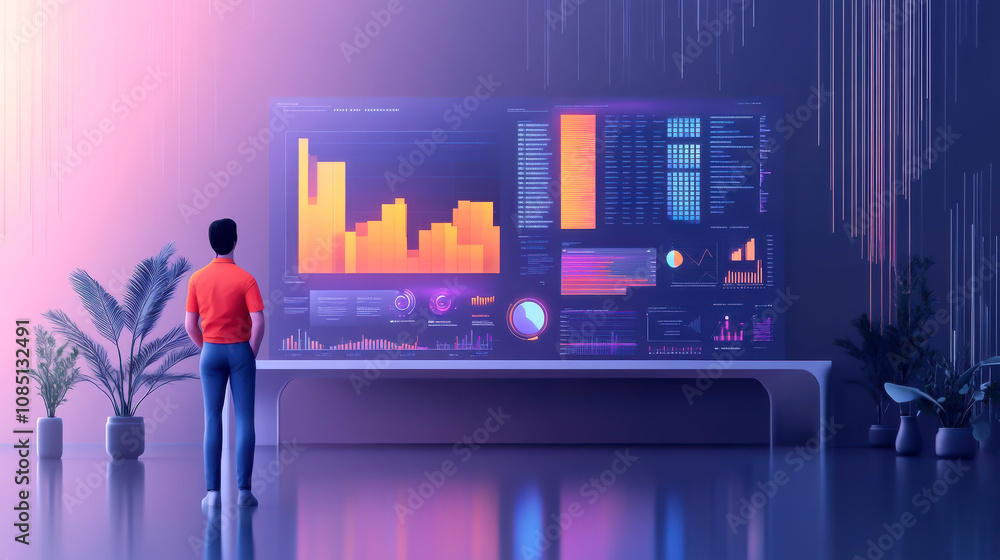 Poster person analyzing data on a high-tech screen in a modern setting.