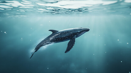 Fototapeta premium A baby whale breaching the surface of the ocean with its mother, practicing swimming skills.