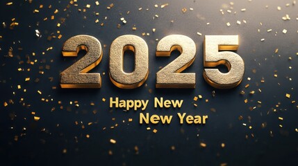 Bold "2025" in gold lettering, with "Happy New Year" below in stylish script, on a black canvas.