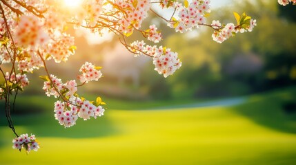 An elegant golf course surrounded by spring blossoms, Golf clubs set for a round, Blossom elegance style