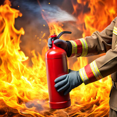 Naklejka premium fireman hand holding fire extinguisher available i