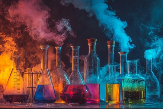 Colorful Chemistry Lab Glassware with Vibrant Liquids - Vibrant liquids in lab glassware, science, experiment, chemistry, colorful