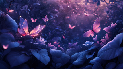 Magical butterflies with glowing wings flutter among lush, enchanted foliage under mystical twilight sky, creating serene and whimsical atmosphere