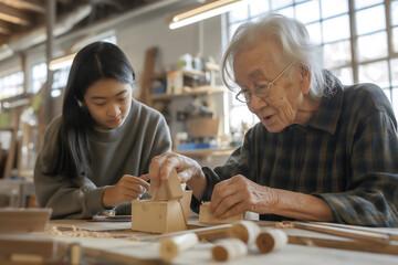A senior non-binary person passionately teaches young adults woodworking techniques in a well-lit workshop, showcasing the beauty of craftsmanship and mentorship
