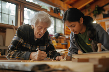 Fototapeta premium In a bright workshop filled with natural light, a senior non-binary individual guides a young adult in woodworking, demonstrating techniques and sharing knowledge