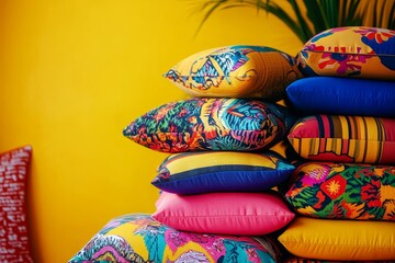 Colorful Cushions on Vibrant Yellow Background - A stack of colorful patterned cushions against a bright yellow wall. Bohemian, vibrant, home decor, textiles, comfort.