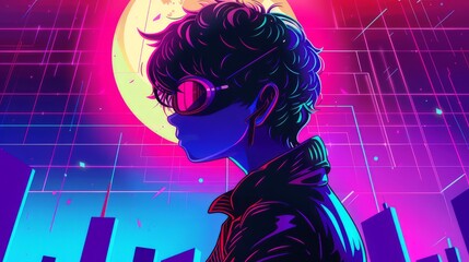 A retro styled youth gazes into a vibrant neon lit cityscape under a large moon