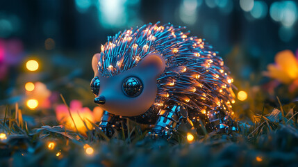 Obraz premium Futuristic Robotic Hedgehog with Neon Lights in a Dreamlike Meadow
