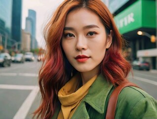 A stylish young gen-z chinese girl captures a selfie on a sunny day with a cityscape behind her.
