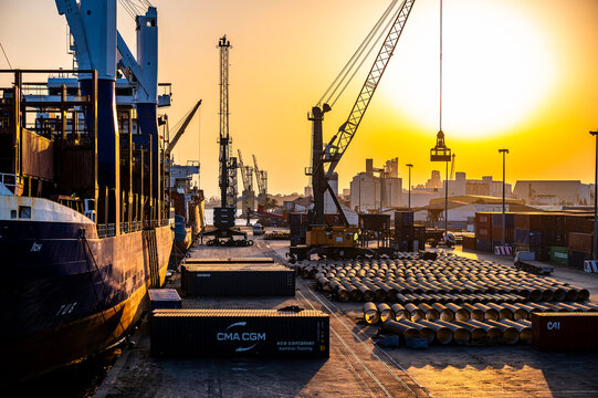 Bizerte, Tunisia - November 03, 2024: Loading containers onto a ship at the port of Bizerte.