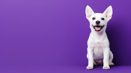 Cute White Puppy Sitting on Vibrant Purple Background with Cheerful Expression, Perfect for Pet Lovers and Animal Enthusiasts Looking for Joyful Imagery