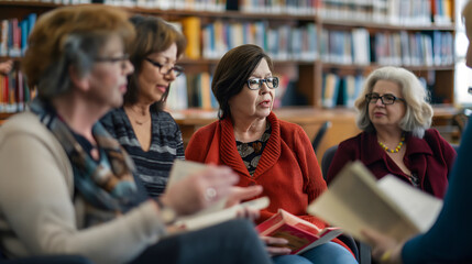 A lively group of senior LGBTQ individuals converse passionately about their latest book selection, surrounded by shelves of literature in a warm library atmosphere