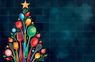 Watercolor christmas tree made from kitchen utensils on black background, space for text