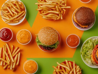 Overhead cinematic view of a fast food feast juicy burgers and crispy fries on vibrant green and orange backgrounds