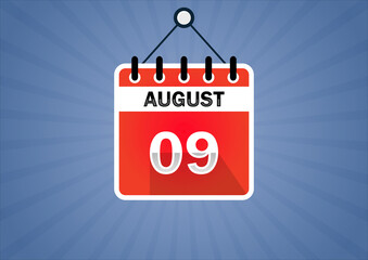 August 09, Calendar hanging sign. 9th days of the month, modern illustration. Date day of week Sunday, Monday, Tuesday, Wednesday, Thursday, Friday, Saturday. Flat style