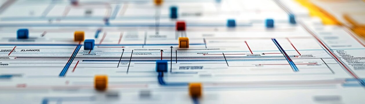Value Stream Mapping Top-down view of a detailed value stream map with flowcharts and arrows, Value Stream Mapping, process optimization and workflow