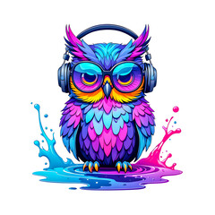 Obraz premium illustration of owl with headphones and sunglasses on white background. 