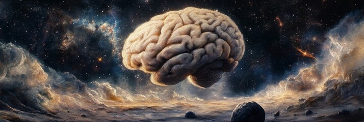 Cosmic Brain: A Surreal Space Landscape - Brain in space, cosmic background, surreal landscape, imagination, intelligence.