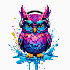Fototapeta premium illustration of owl with headphones and sunglasses on white background. 
