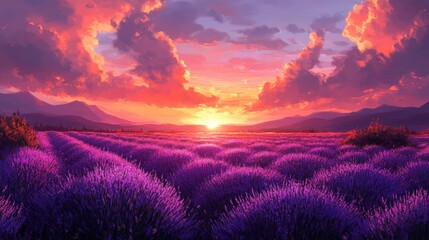 Fototapeta premium Vibrant sunset over sprawling lavender field.