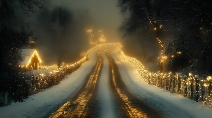 A snowy forest illuminated by fairy lights, creating a serene and magical backdrop for New Year 2025