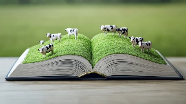An open book reveals a vibrant landscape with small cows happily grazing on lush green grass, creating a magical connection between storytelling and nature's charm.