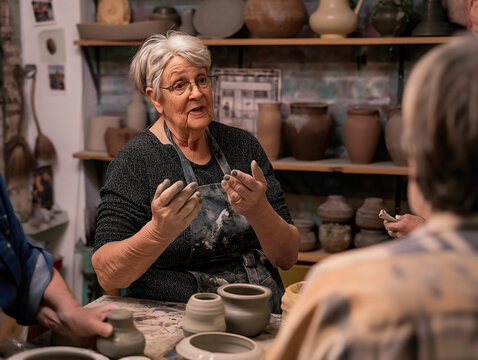 An elderly transgender woman engages with adult students during a pottery class, demonstrating techniques in a well-lit creative space filled with pottery materials