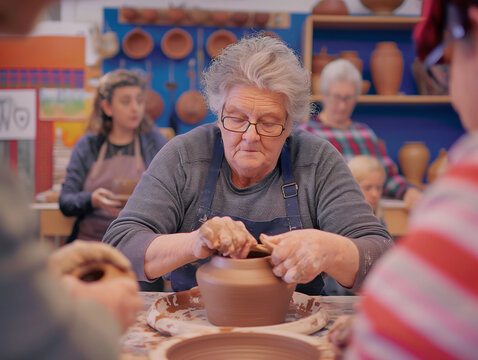 An elderly transgender woman demonstrates pottery techniques to a group of adults in a vibrant creative workspace, fostering an engaging and hands-on learning environment - Powered by Adobe