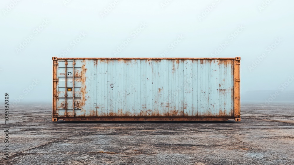 Poster a single rusty container in the fog
