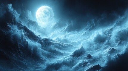 Full moon over a dramatic, cloud-covered landscape at night.