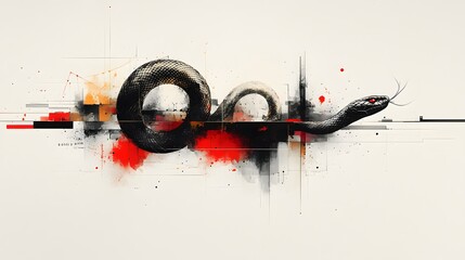 Contemporary art design for Chinese New Year 2025, featuring the snake zodiac symbol in red, gold, and white colors
